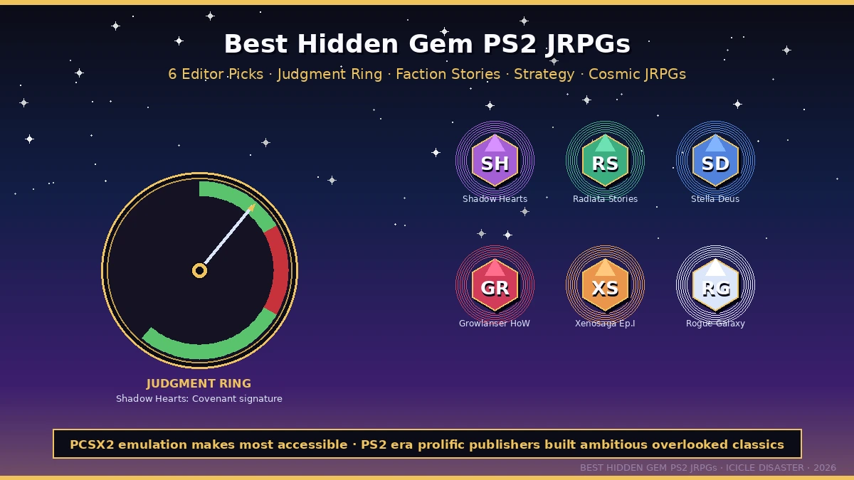 Best Hidden Gem PS2 JRPGs — Judgment Ring combat (Shadow Hearts: Covenant) + 6 deep-cut crystals (Radiata Stories, Stella Deus, Growlanser, Xenosaga, Rogue Galaxy) — PS2 era deep cuts