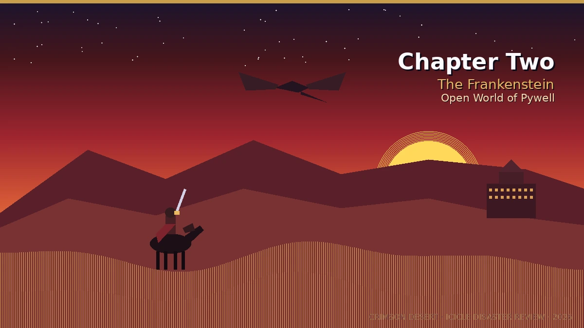 Crimson Desert Chapter Two banner — Mounted Kliff in Pywell desert with dragon silhouette overhead, rust-crimson sky and sandstorm gold horizon, Pearl Abyss open-world setting