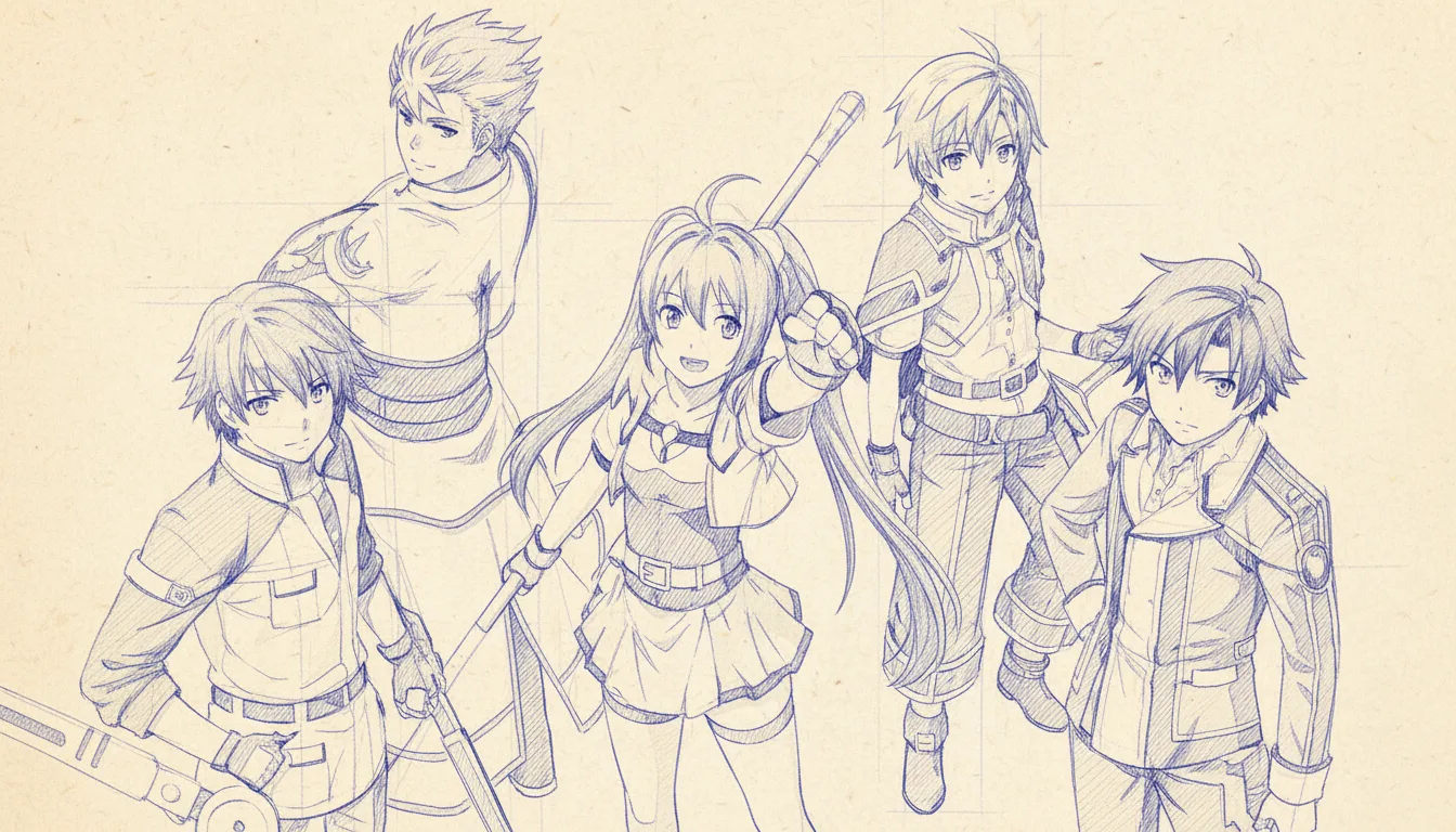Every Trails game ranked — Nihon Falcom Kiseki franchise hero collage featuring Sky FC SC 3rd trilogy + Crossbell Zero Azure duology + Cold Steel I II III IV quadrilogy + Reverie + Daybreak Calvard arc with Estelle Lloyd Rean Van protagonists