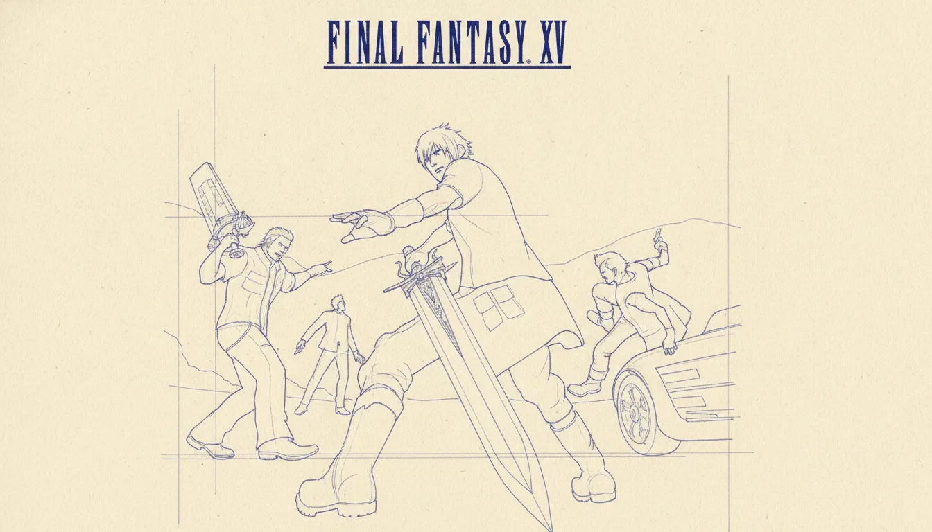 Final Fantasy XV 2016 PS4 Noctis road-trip 3 friends — troubled FF Versus XIII 10-year development + crown reclaim narrative + underrated soundtrack