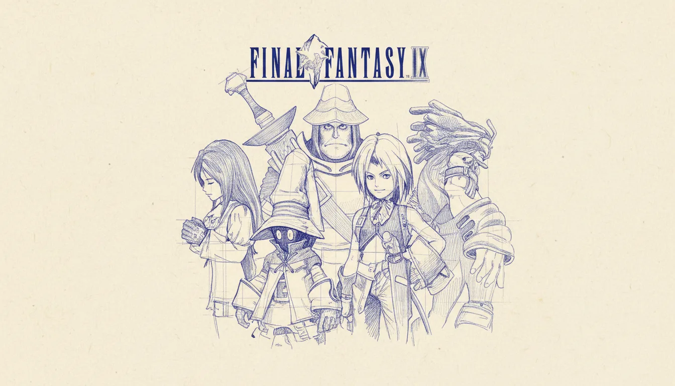 Final Fantasy IX 2000 PS1 Hironobu Sakaguchi swan song — Vivi Zidane Garnet Steiner Freya Quina cast + cartoonish art return + Trance limit break + Tetra Master mini-game
