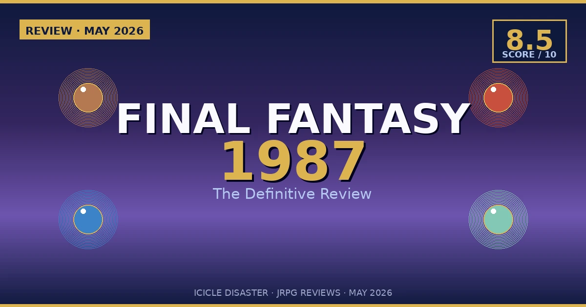 Final Fantasy 1987 Review hero — FF iconic palette with four elemental orbs and 8.5 score badge