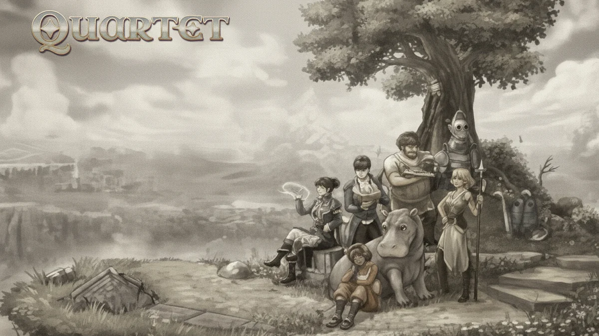 Review Quartet dari Something Classic Games — indie pixel art JRPG turn-based, 4 protagonis Ben Nikolai Cordelia Alexandra, combat positional + EP, skor 8/10