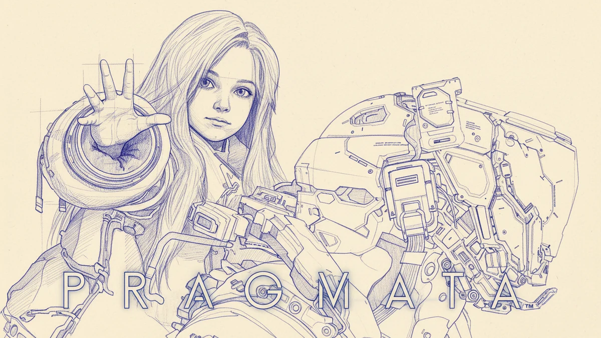 Pragmata key art — sci-fi action puzzle shooter Capcom dengan dual-character Hugh + Diana, NASA punk aesthetic, rilis April 2026