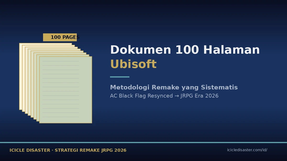 Visualisasi metodologi dokumen 100 halaman Ubisoft untuk remake AC Black Flag Resynced — kerangka analisis quest untuk industri JRPG