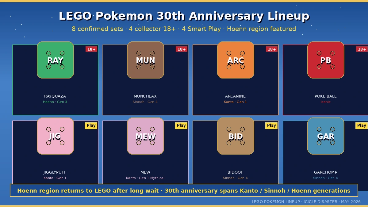 LEGO Pokemon 30th Anniversary Lineup — 8 sets including Rayquaza Hoenn return, Munchlax Arcanine Poke Ball 18+ collector tier, Jigglypuff Mew Bidoof Garchomp Smart Play tier