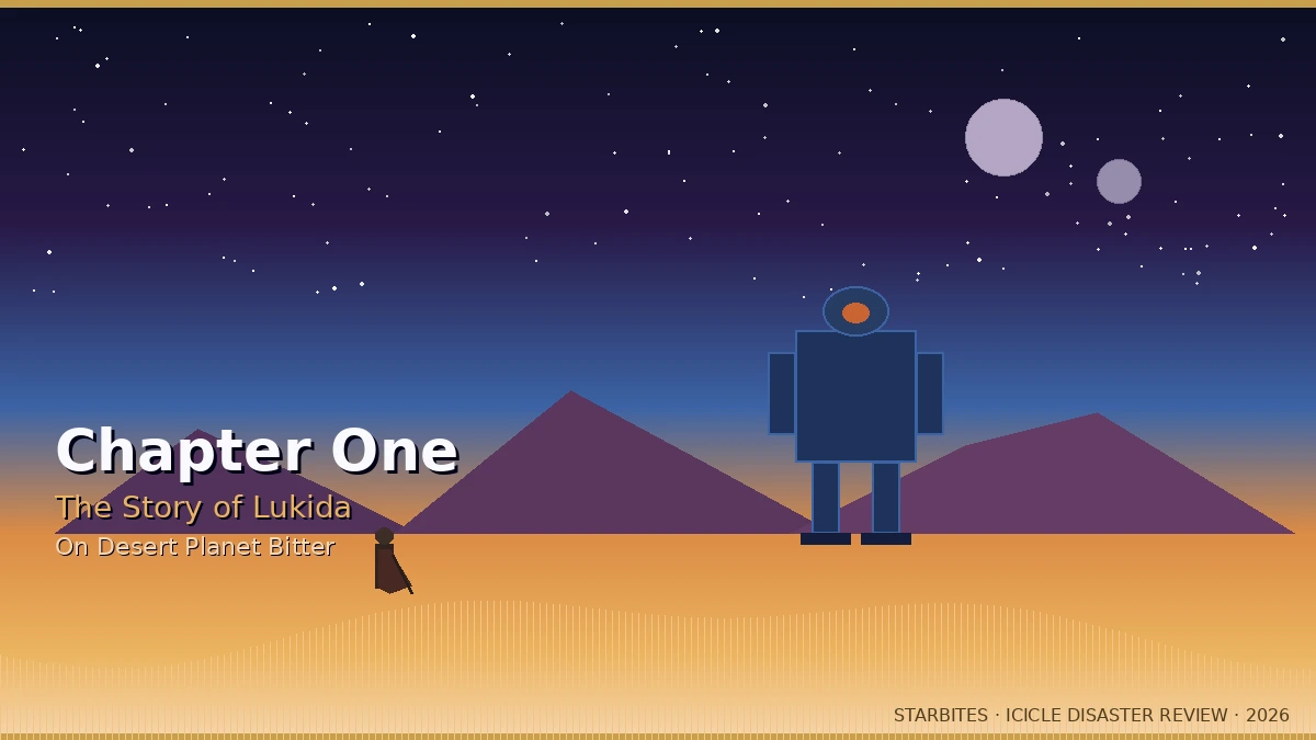 Starbites Chapter One banner — Lukida the salvager on Desert Planet Bitter with the mysterious mech under twin moons and cosmic-blue sky