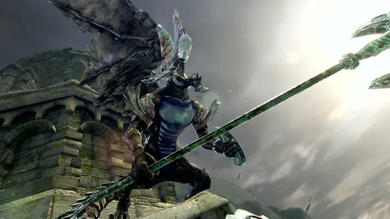 Dark Souls combat — shield and sword action RPG with deliberate animations, dodge rolls, and stamina management