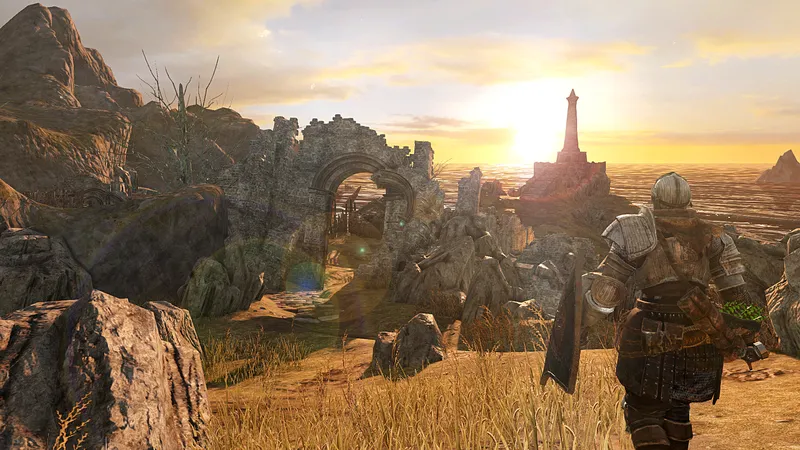 Dark Souls II Majula &mdash; the sunset hub area that connects branching paths in place of the original's interconnected world
