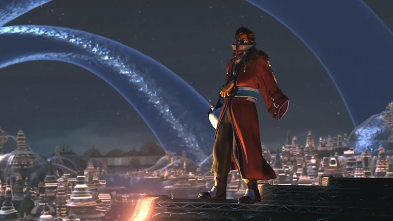 Final Fantasy X — Tidus in Spira, the outsider protagonist whose confusion becomes the player's window into a dying world
