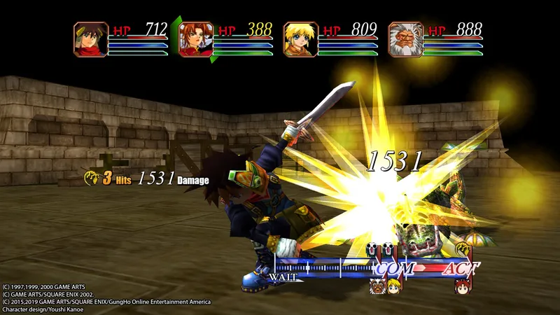 Grandia II story cutscene — the party's dramatic moments undercut by combat that poses zero threat