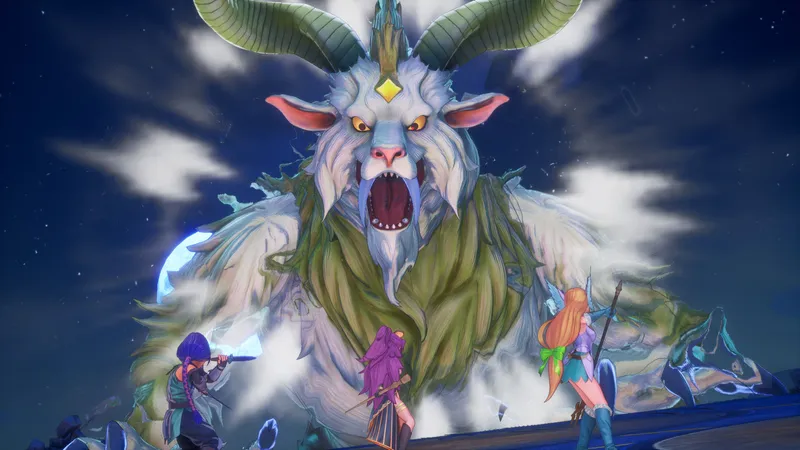 Trials of Mana — boss fight with telegraphed attack zones and responsive dodge mechanics
