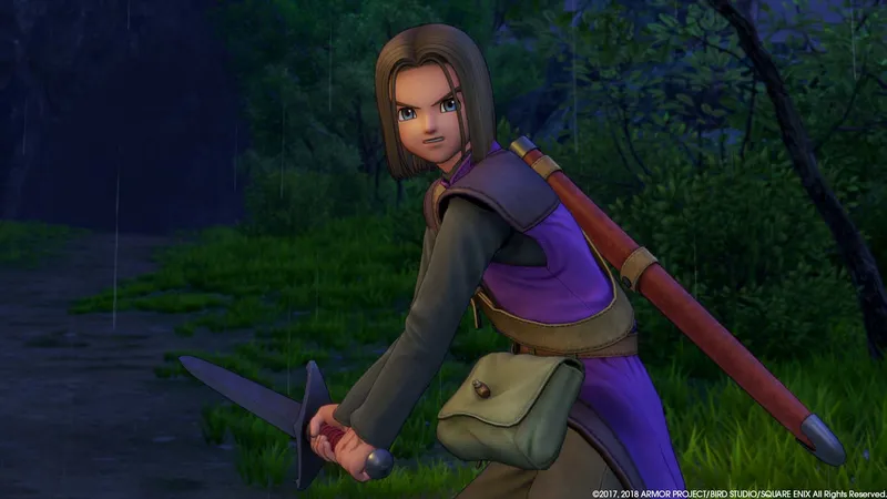 Dragon Quest XI — the JRPG progression loop of turn-based battles, party leveling, and equipment upgrades